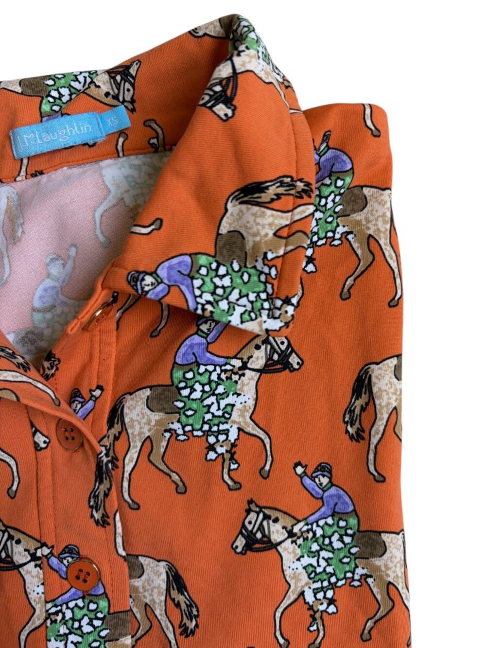 J. McLaughlin Equestrian Derby Print Short-Sleeve Polo Shirt (Orange) - XS - Picture 3 of 9